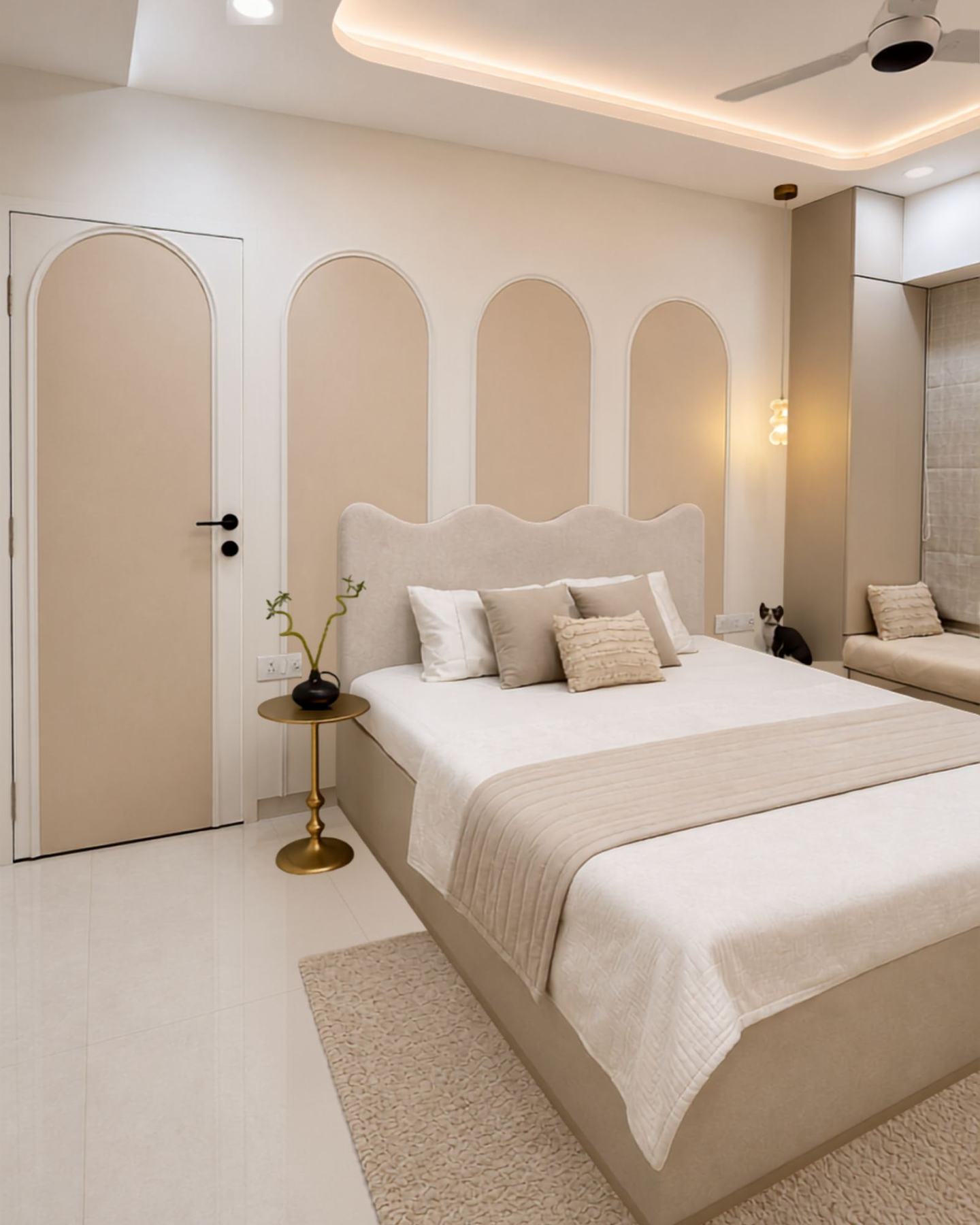 Luxury master bedroom interior design with arched panelling, Mumbai residence